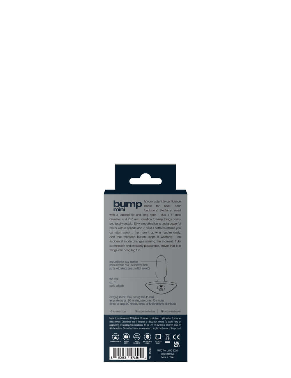 Vedo Bump Mini Rechargeable Anal Plug Black packaging back view with product details and branding.