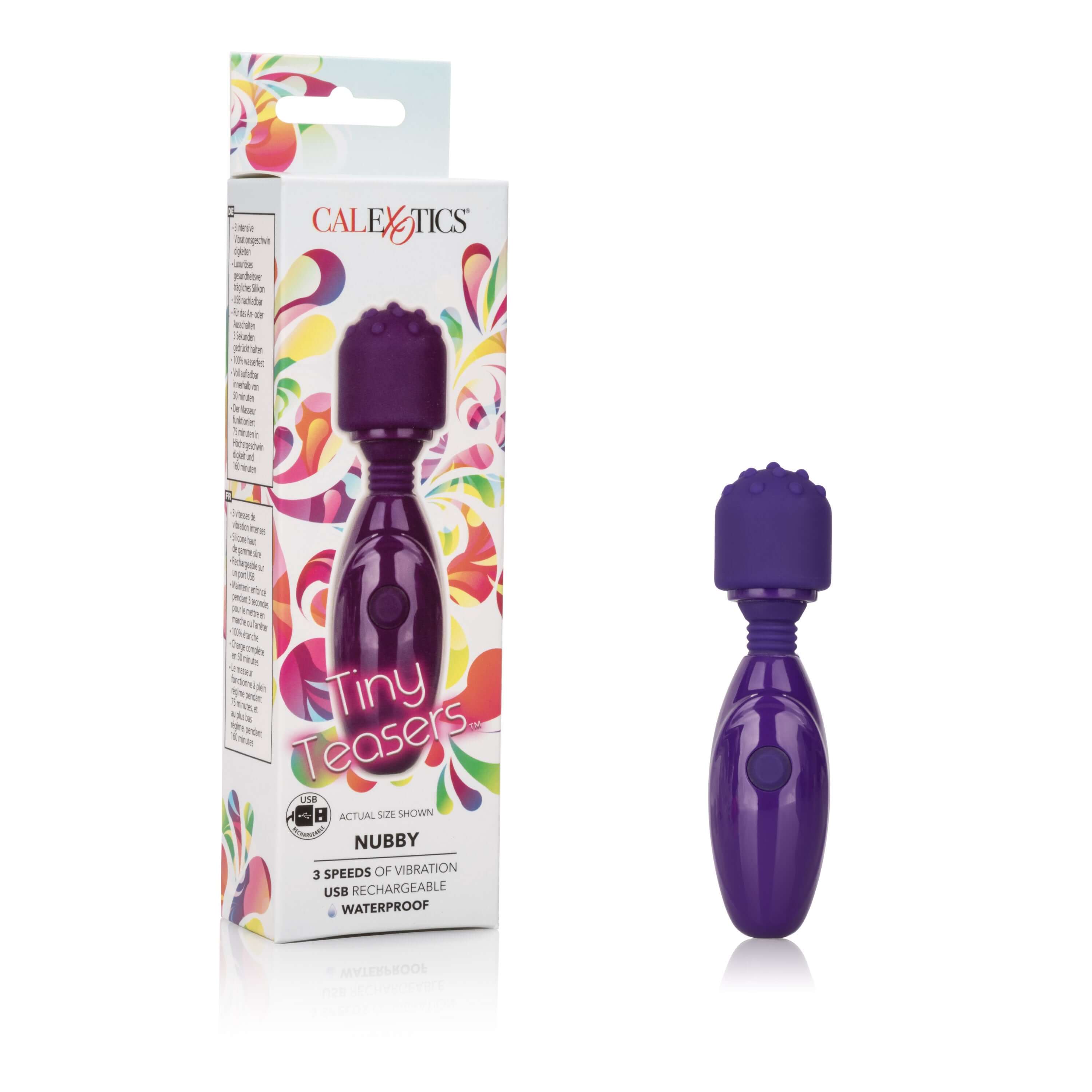 Tiny Teasers Nubby Massager Purple in packaging, compact design for effortless enjoyment and 3 vibration speeds.