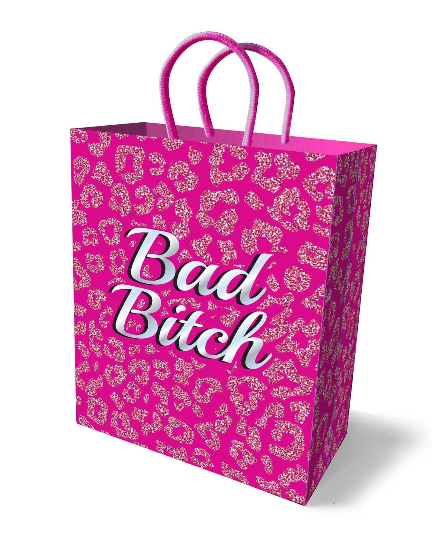 Pink Bad Bitch Gift Bag with leopard print design and elegant woven handle.