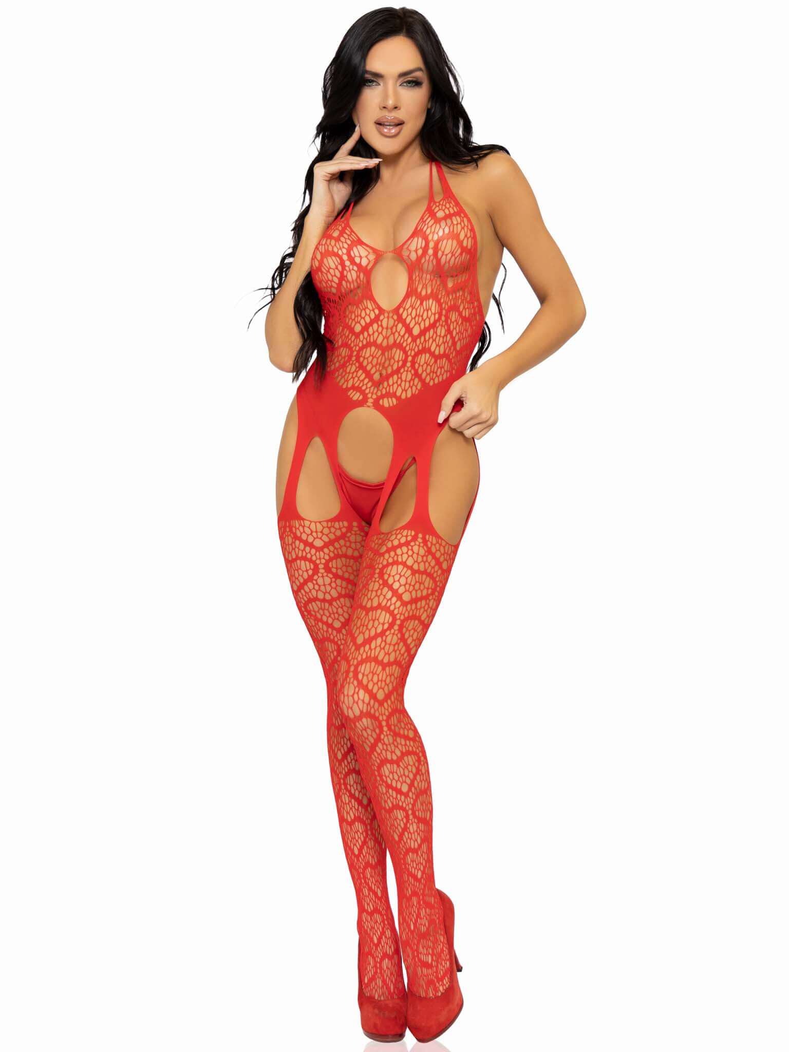 Seamless Heart Net Suspender Bodystocking - One Size - Red-0