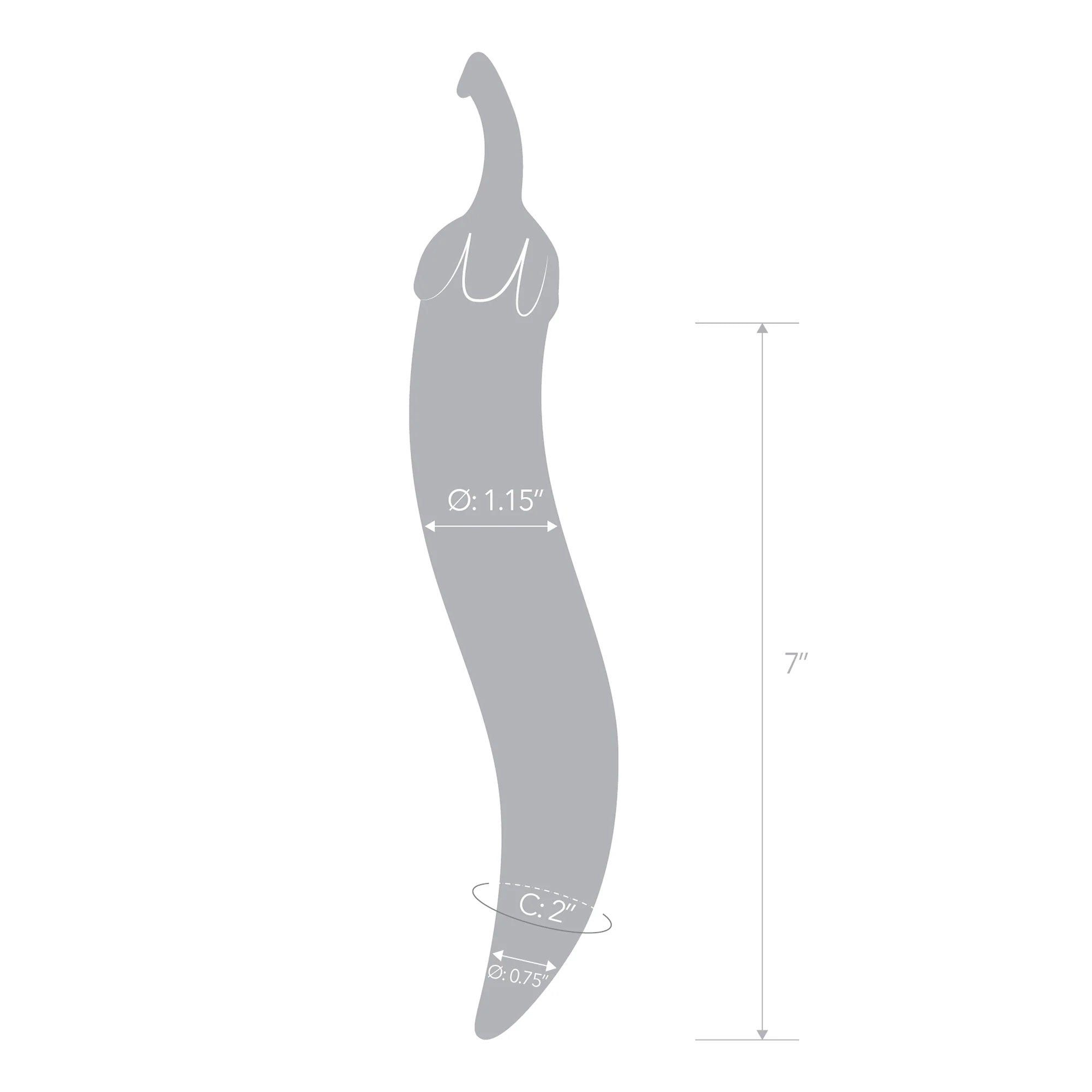 Chili pepper shaped dildo with measurements showing a 7-inch length, 1.15-inch diameter at the top, and 0.75-inch diameter at the bottom.