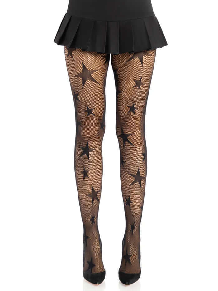 Leg Avenue Star Net Tights OS Black worn with a black skirt, featuring a stylish star net pattern.