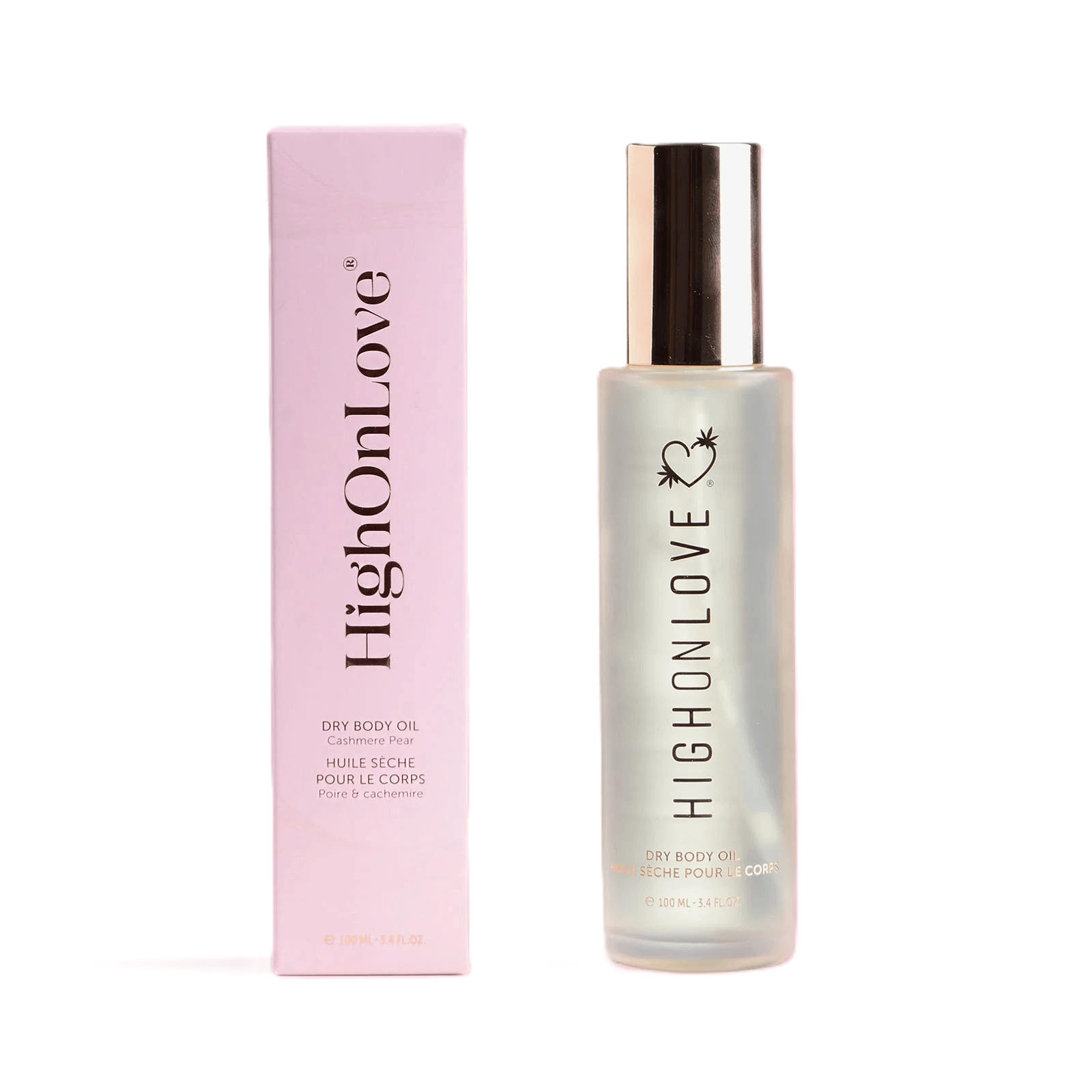 Highonlove Cashmere Pear Dry Body Oil 3.4 Oz in elegant packaging, designed for smooth and hydrated skin.