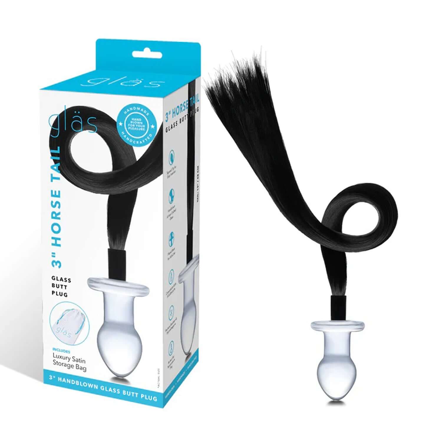 3 inches horse tail glass butt plug with box, featuring artisan-crafted glass and a long ponytail for play.