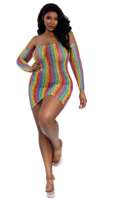 Dreamgirl Rainbow Mini With Arm Warmers QS Rainbow showcases a vibrant, colorful two-piece lingerie set.
