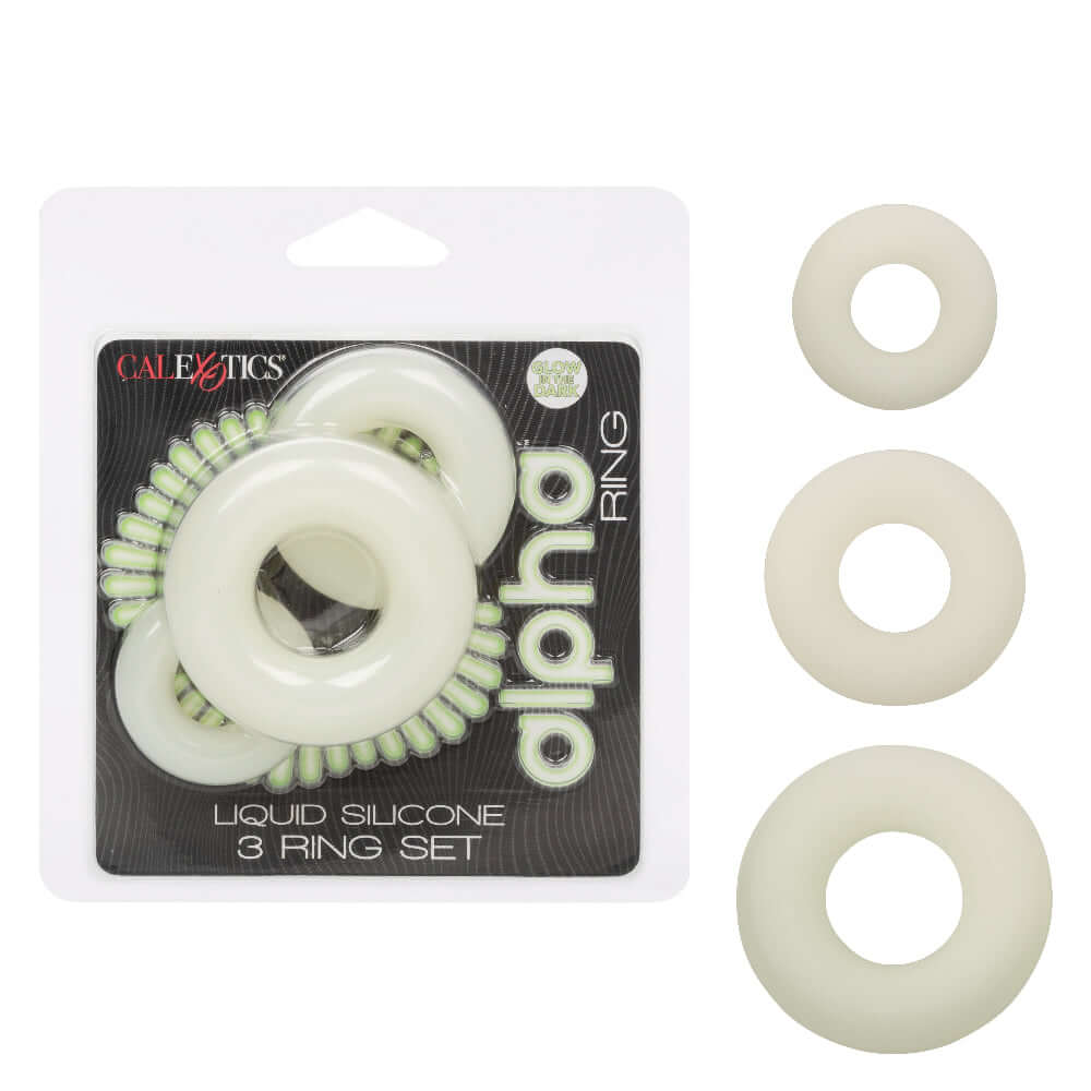 Alpha Glow-in-the-Dark Liquid Silicone 3 Ring Set White displayed in packaging with three rings.