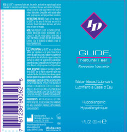 ID Glide Lubricant Display 24 count 1 Oz Tubes packaging featuring Natural Feel label and product details.