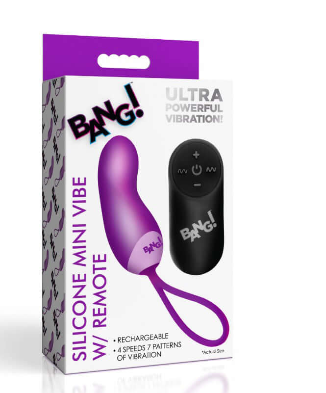 Bang Silicone Mini Vibe With Remote Purple packaging with vibrator and remote control, featuring multiple vibration patterns.