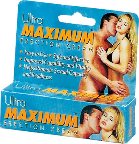 Ultra Maximum Erection Cream 0.5 Oz packaging featuring a couple and highlighting its ease of use and effectiveness.