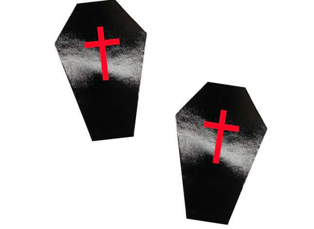 Dom Squad Wet Vinyl Black Coffin Nipple Cover Pasties with red crosses, perfect for edgy fashion and statement outfits.