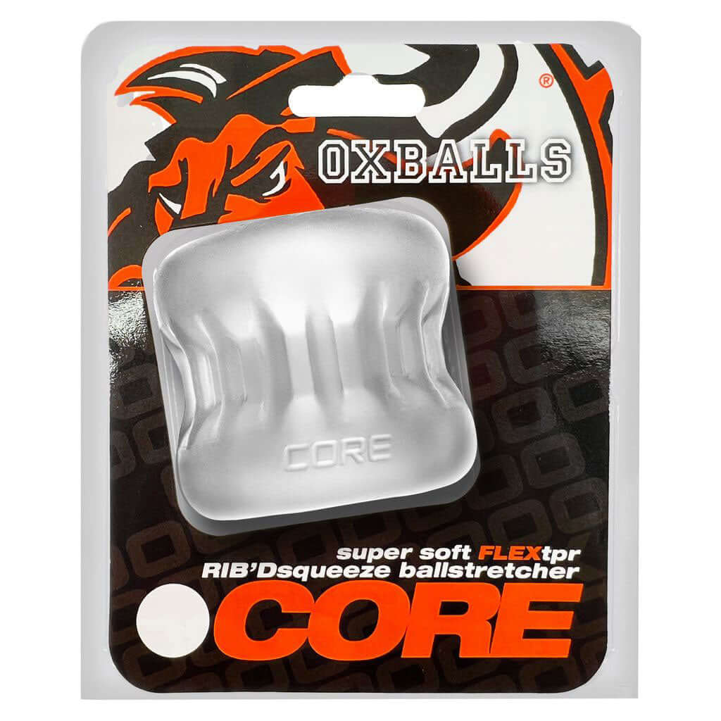 Oxballs Core Gripsqueeze Ballstretcher in clear ice packaging with super soft FLEXtpr and ribbed design for low-hangers.