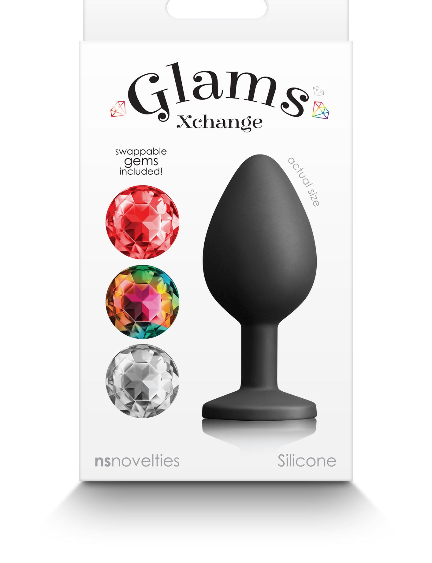 Glams Xchange Round Medium Butt Plug Black package featuring swappable gem options and silicone material.