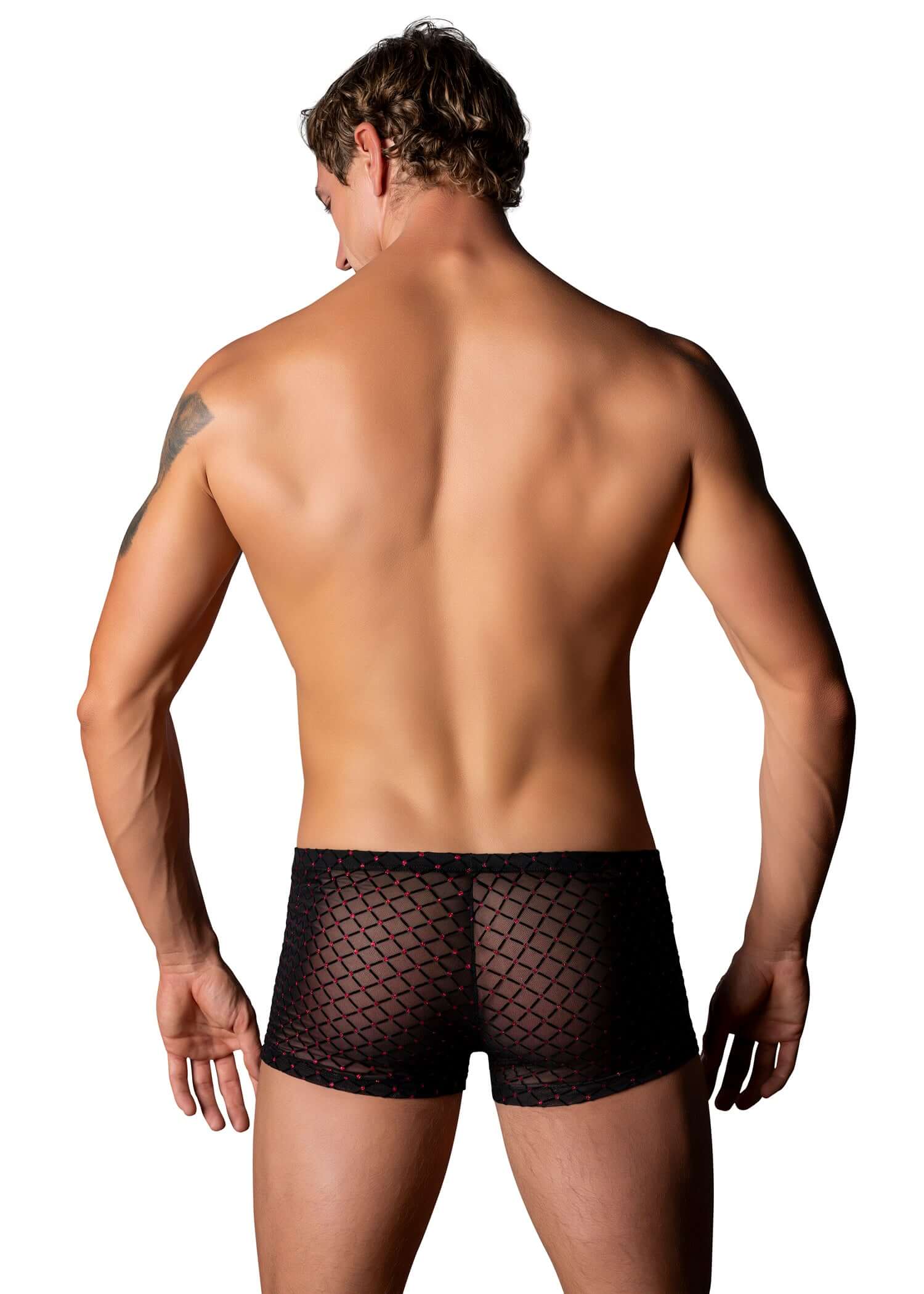 Male Power Widow Maker Mini Pouch Short Medium Black showcasing a man from behind in stylish underwear.