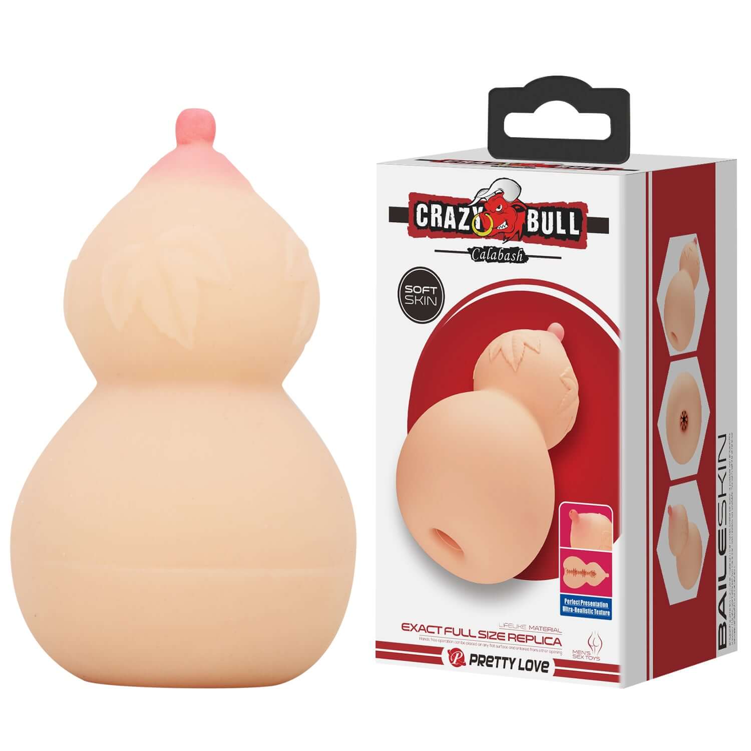 Calabash realistic masturbator with soft skin texture next to its packaging, offering a sensual and pleasurable experience.
