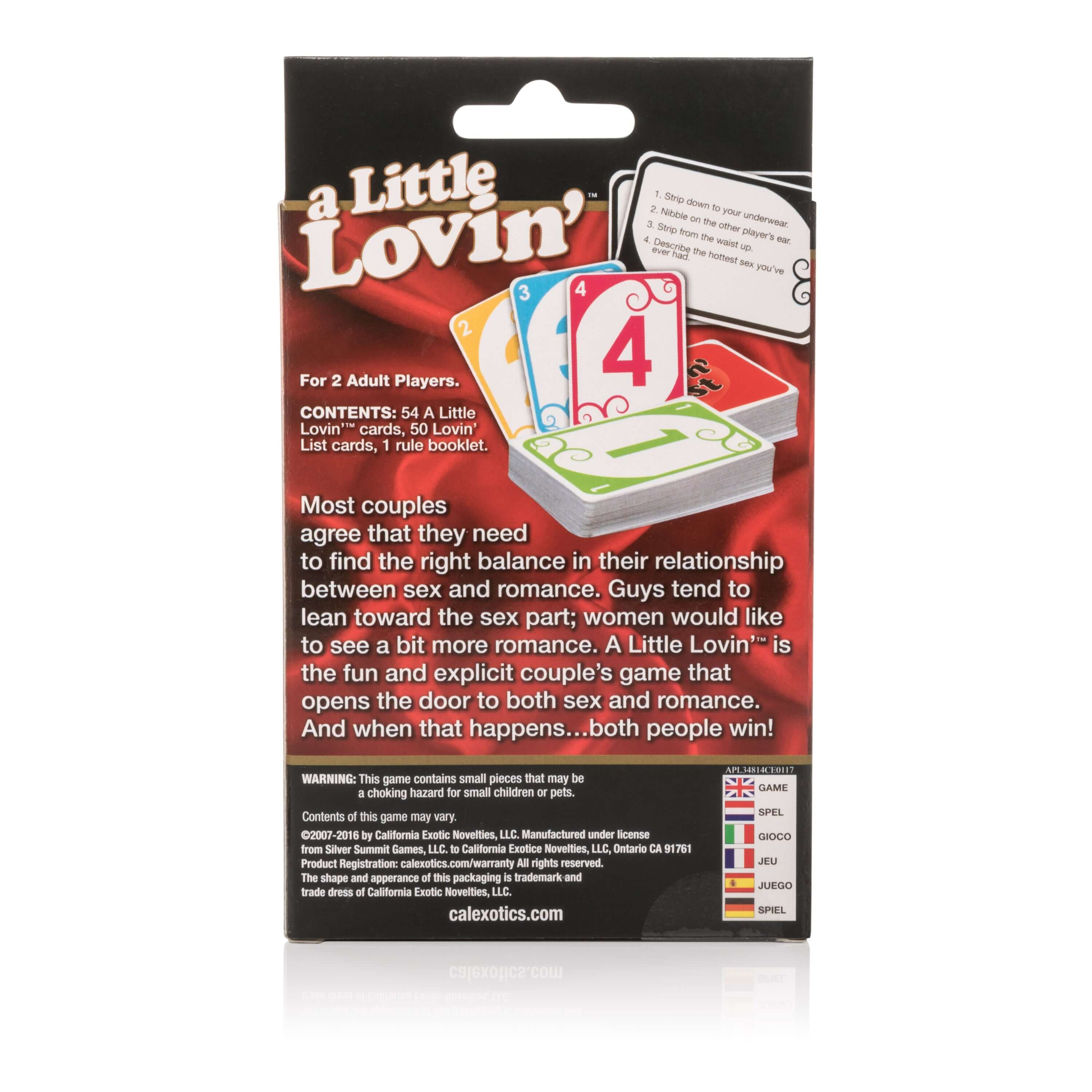 A Little Lovin Couples Card Game packaging displaying cards and description of game for couples.