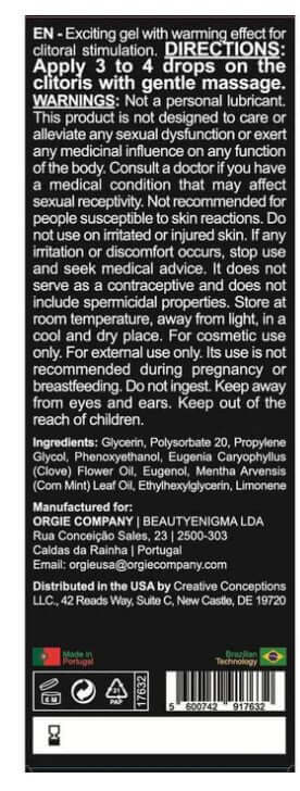 Orgie Orgasmic Drops Clitoral Arousal Serum 1 Oz directions and warnings for use on skin.