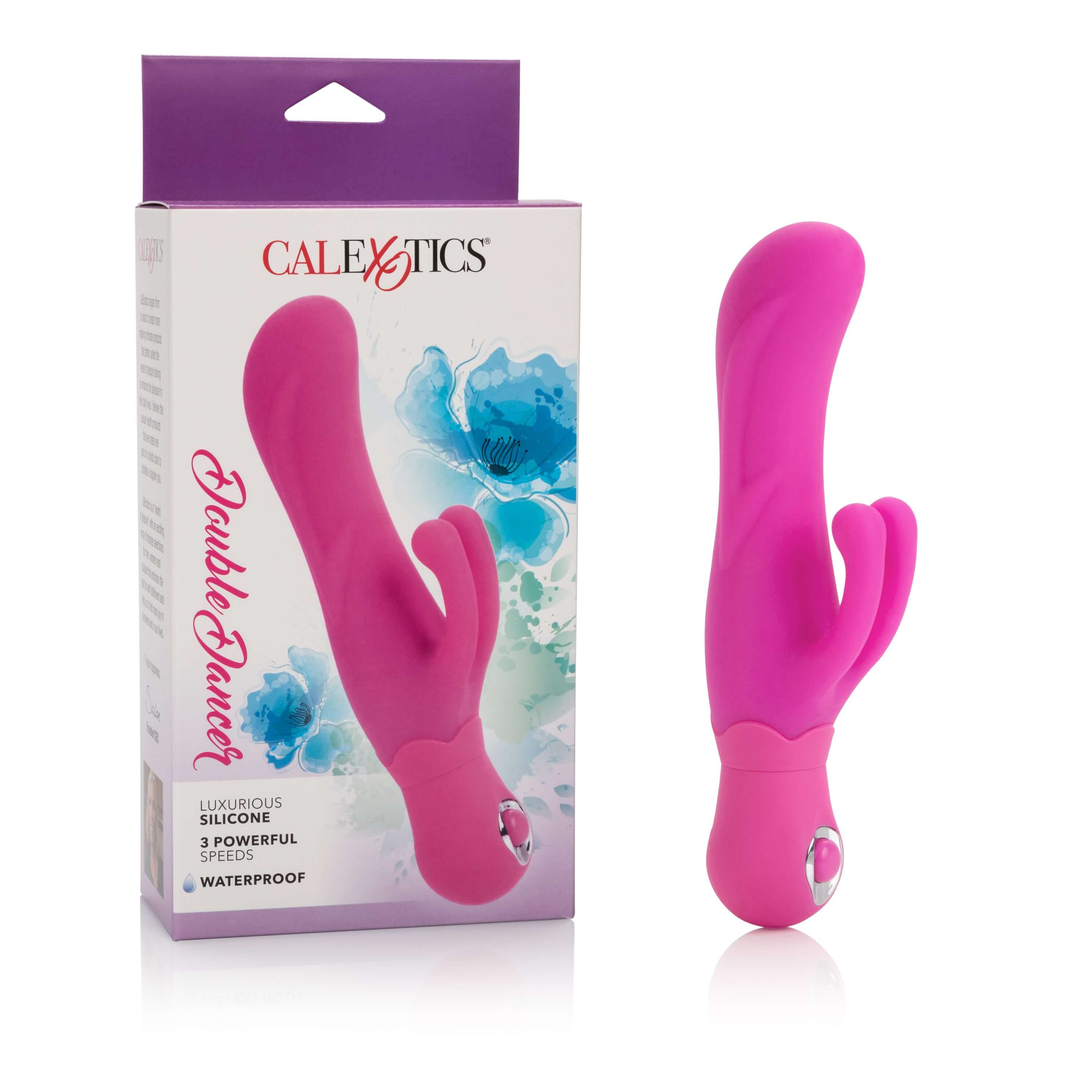 Posh Silicone Double Dancer Vibrator Pink with packaging, showcasing luxurious silicone and waterproof design.