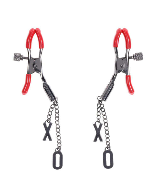 Ex's and Oh's Nipple Clamps with red rubber tips and dangling X and O charms for a stylish, customizable experience.