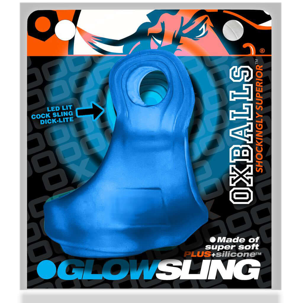 Oxballs Glowsling Cocksling Led Blue Ice in packaging with LED light feature, made of super soft plus silicone for a firm and lasting fit.