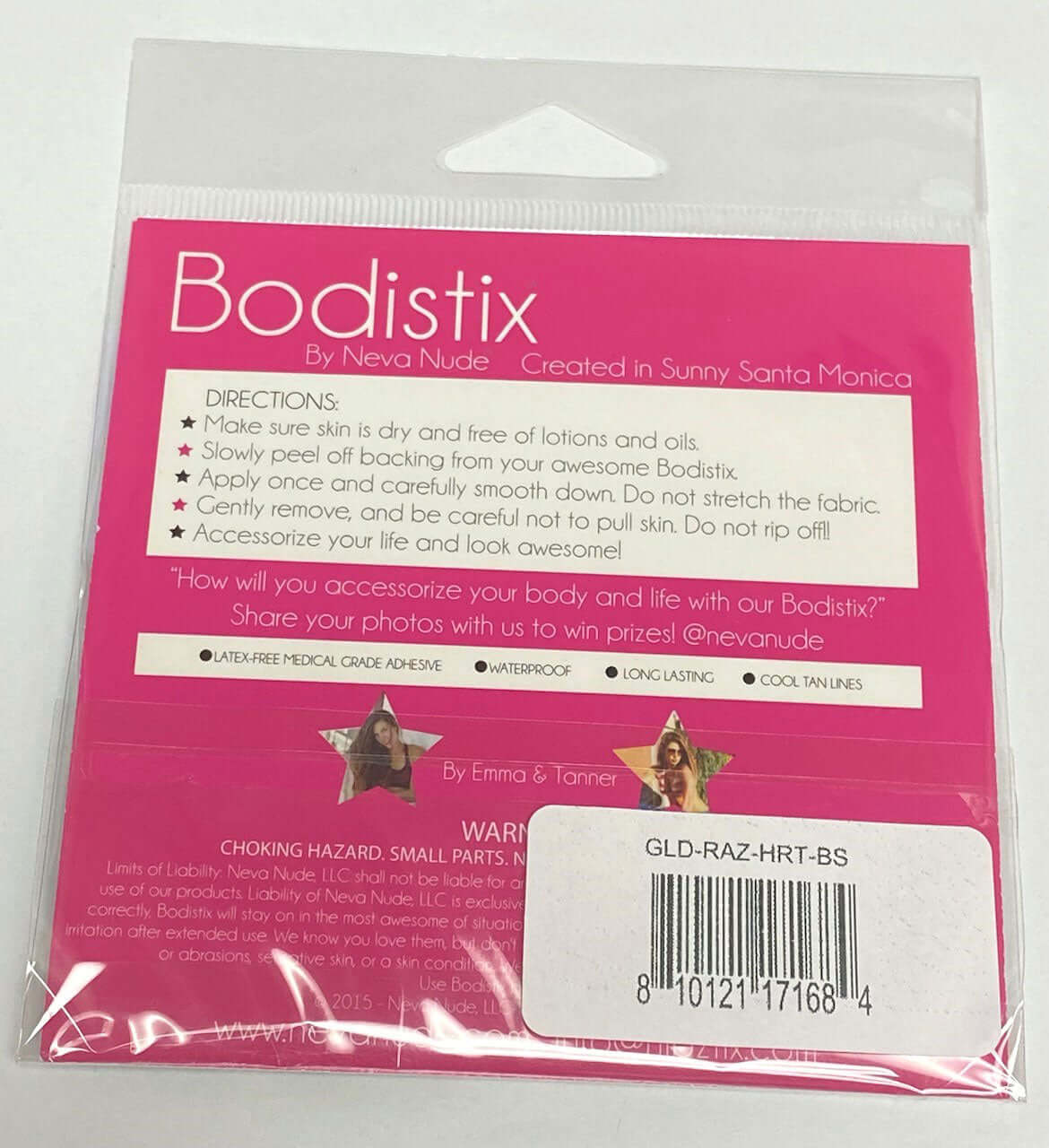 Razzle Dazzle I Heart U Body Stickers 6 Pack Gold packaging instructions by Neva Nude for self-adhering stickers.