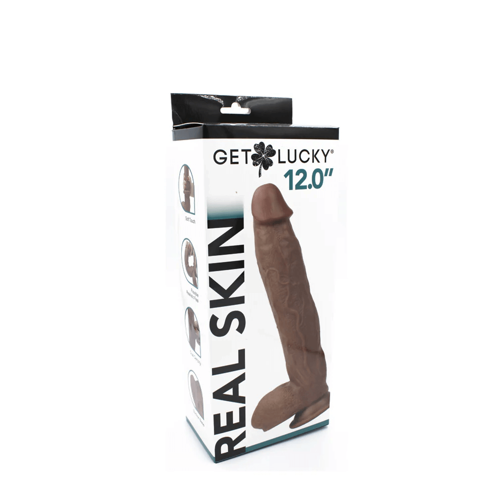 Real Skin 12 Inch Dual Layer Dong Light Brown in packaging with dimensions and brand information visible.