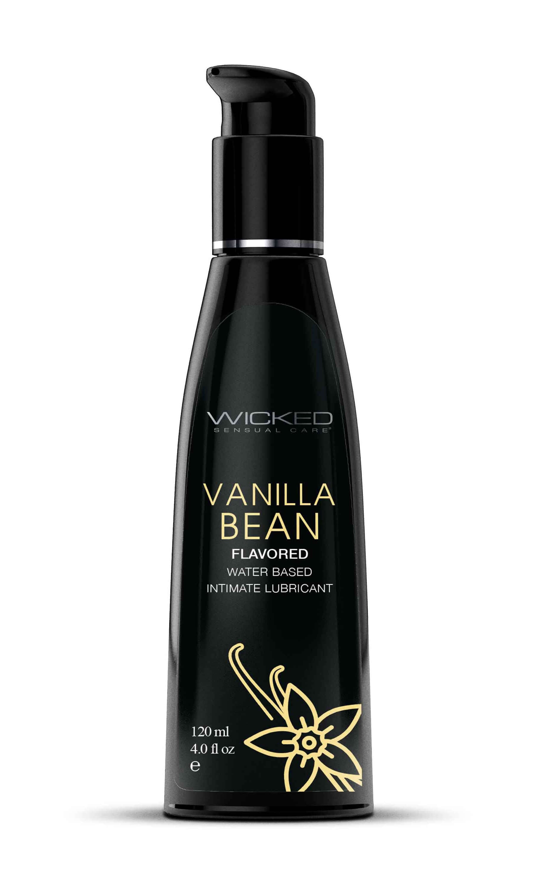 Wicked Aqua Vanilla Bean Water Based Lubricant 4 Oz in a sleek bottle with a pump for easy application.