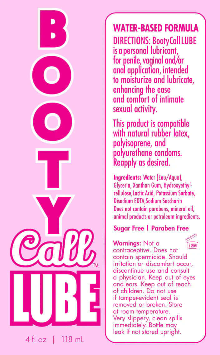 Booty Call Lube Duo 4 Oz label displaying water-based formula and usage directions for enhanced intimate experiences.