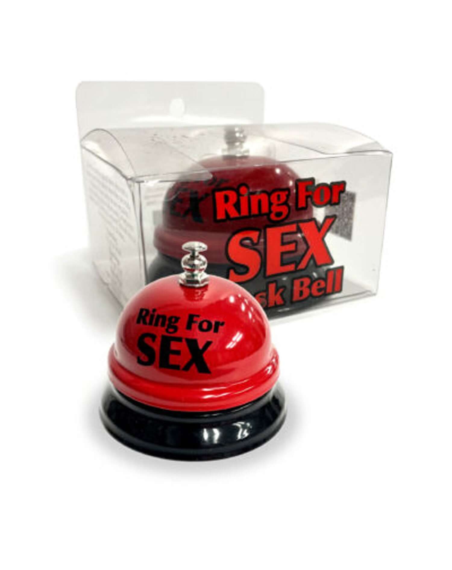 Red "Ring for Sex" desk bell by Little Genie, in packaging, playful accessory for couples to enhance romantic moments.