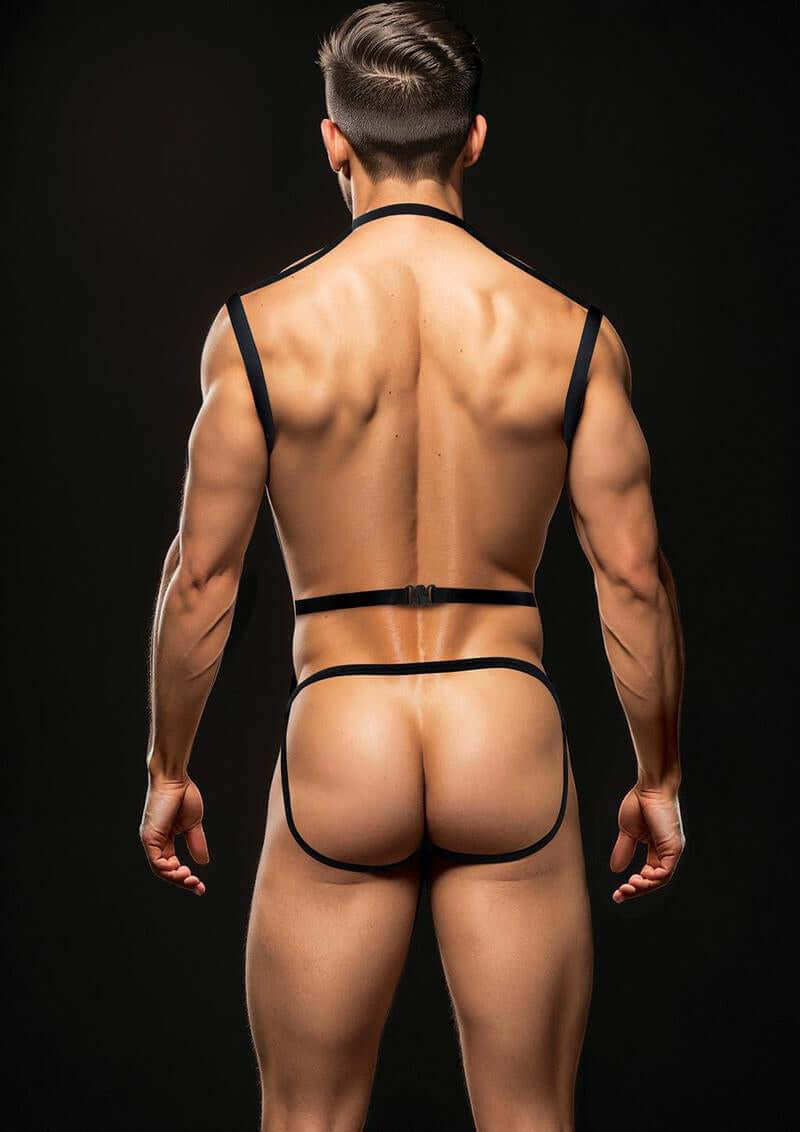 Envy 3 Pc Wet Look Chest Harness M L Black displayed on a model from the back, showcasing a sleek design.