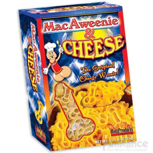Macaweenie & Cheese 6.25 Oz boxed novelty pasta shaped for fun and humor, perfect for parties and gag gifts.