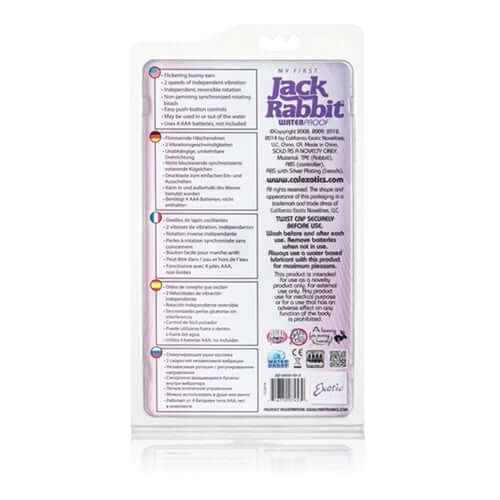 Back packaging of My First Jack Rabbit Vibrator Purple, showcasing features and instructions for use.