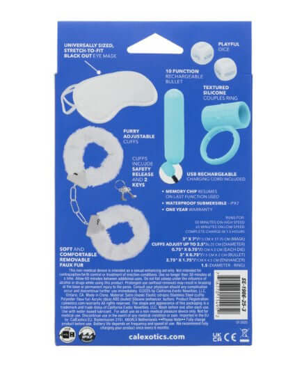 Pleasure Kits Honeymoon Collection accessories including cuffs, eye mask, textured ring, rechargeable bullet, and playful dice.