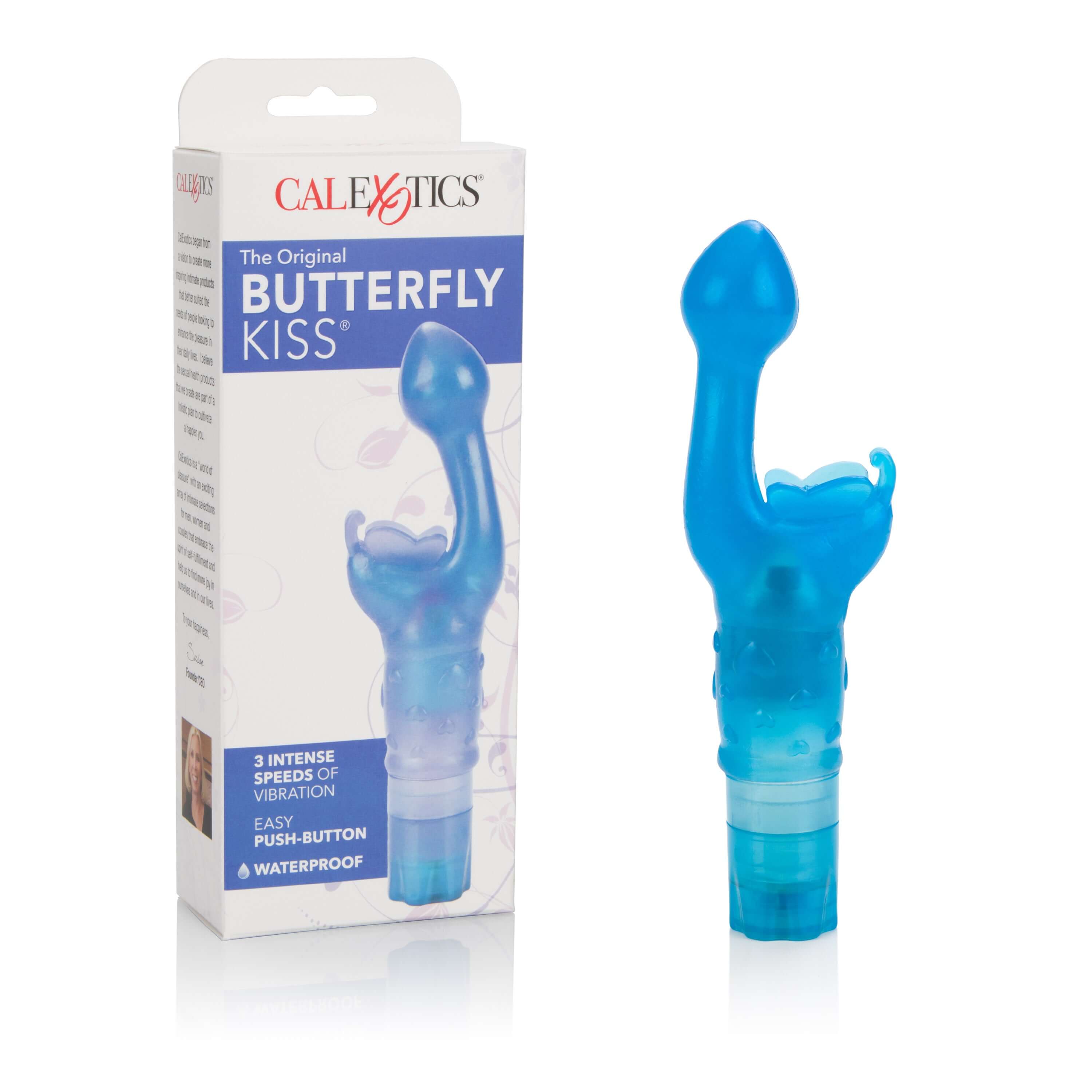 The Original Butterfly Kiss Vibrator Blue displayed next to its packaging featuring 3 speeds of vibration and waterproof design.