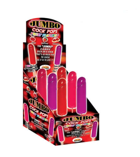 Jumbo Cock Pops 6 Piece Display Assorted Fruit Flavors with oversized candy pops in vibrant colors.