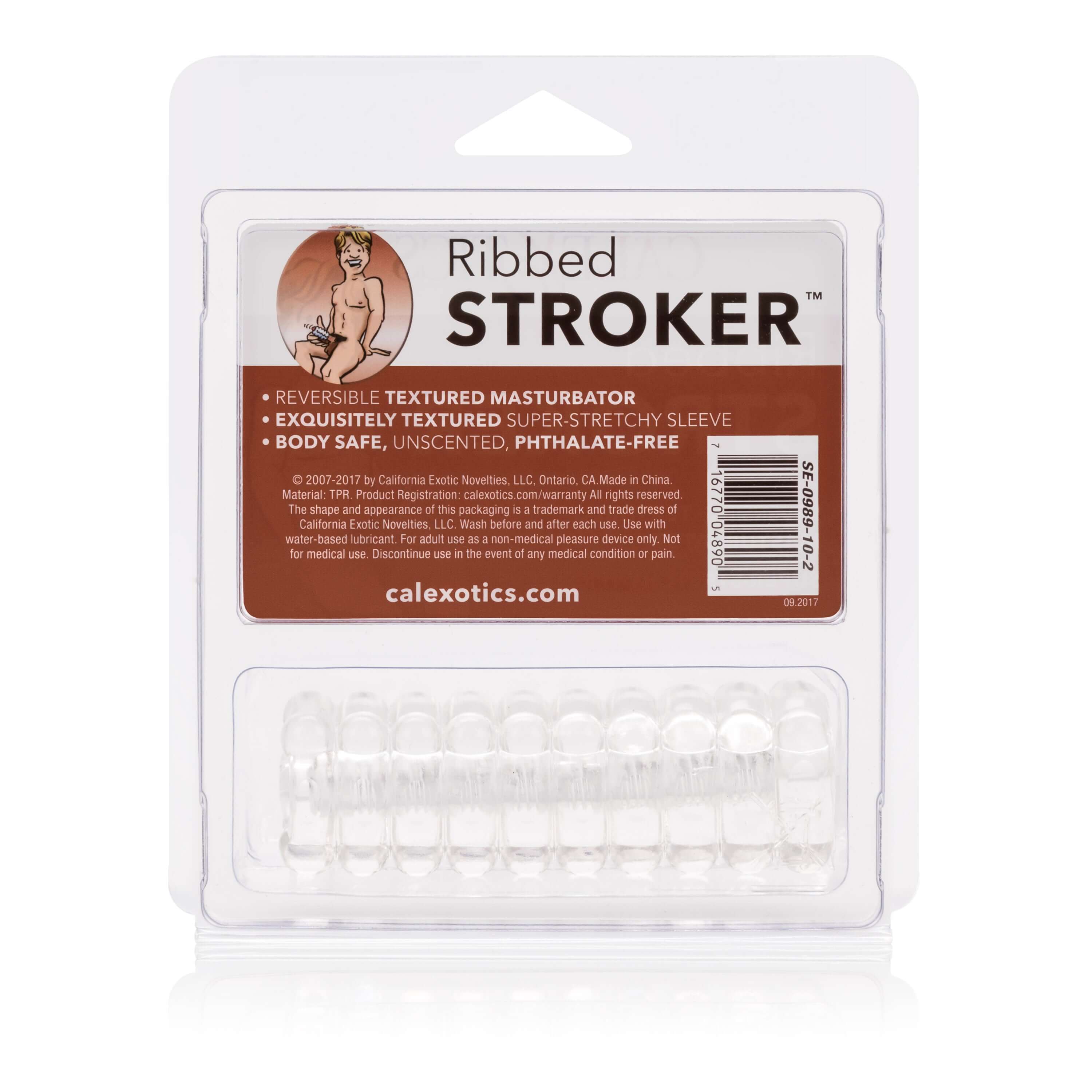 Ribbed Stroker Reversible Masturbator in packaging showcasing a textured, stretchy design for customizable pleasure.