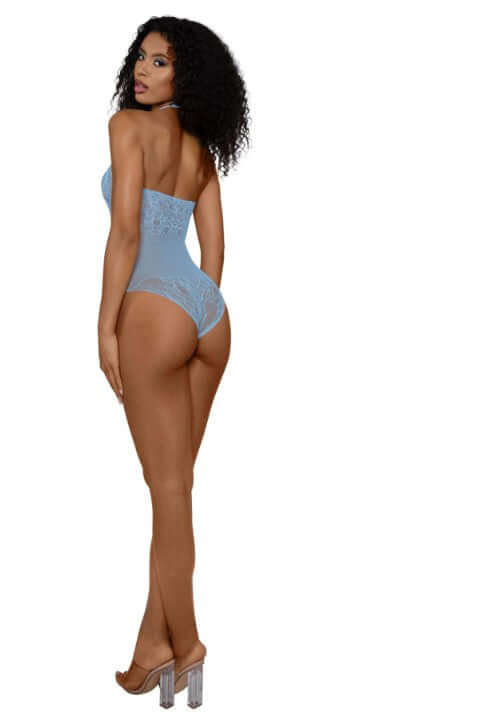 Dreamgirl Lingerie Ashley Teddy OS Arctic Blue displayed on model showcasing elegant back design and flattering fit.