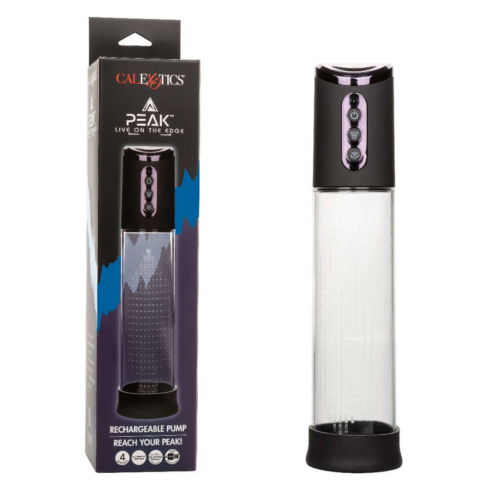 Peak Rechargeable Penis Pump in black and clear with packaging, featuring an automatic suction button for personal pleasure enhancement.