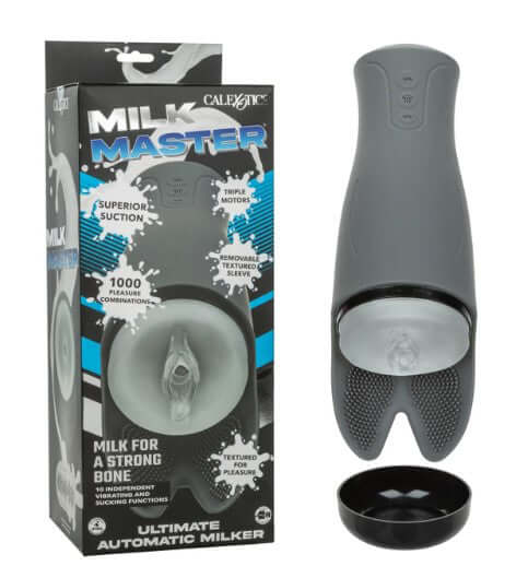 Milk Master Ultimate Automatic Milker Black with box showcasing features and design, highlighting its advanced suction and triple motors.