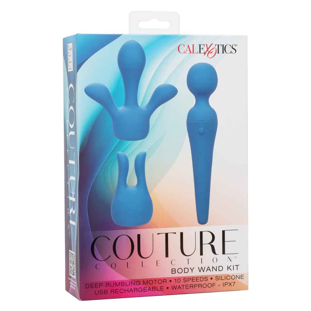 Couture Collection Body Wand Kit - Blue packaging with multiple attachments, highlighting deep rumbling motor, silicone, and waterproof features