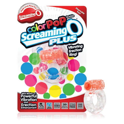 Colorpop Quickie Plus Vibrating Ring Orange packaging showcasing its design and features for enhanced intimate moments.