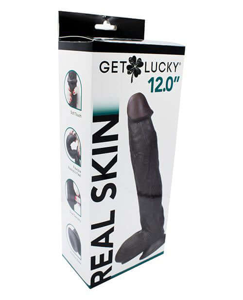 Real Skin 12 Inch Dual Layer Dong Dark Brown packaging, showcasing the ultra-realistic design and soft touch material.