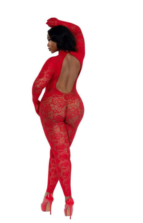 Dreamgirl Gloved Bodystocking Dmnd Queen Size Red showcasing a stunning backless design and integrated gloves.