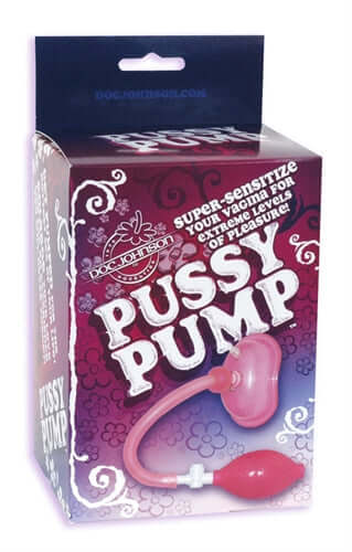 Pussy Pump Pink Doc Johnson packaging, highlighting its features for sensitivity and pleasure enhancement.