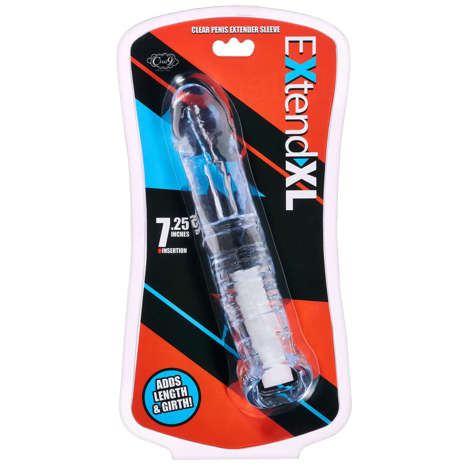 Clear 7.25-inch Extend XL Penis Sleeve packaging by Cloud 9 Novelties, designed for added length, girth, and heightened sensations.