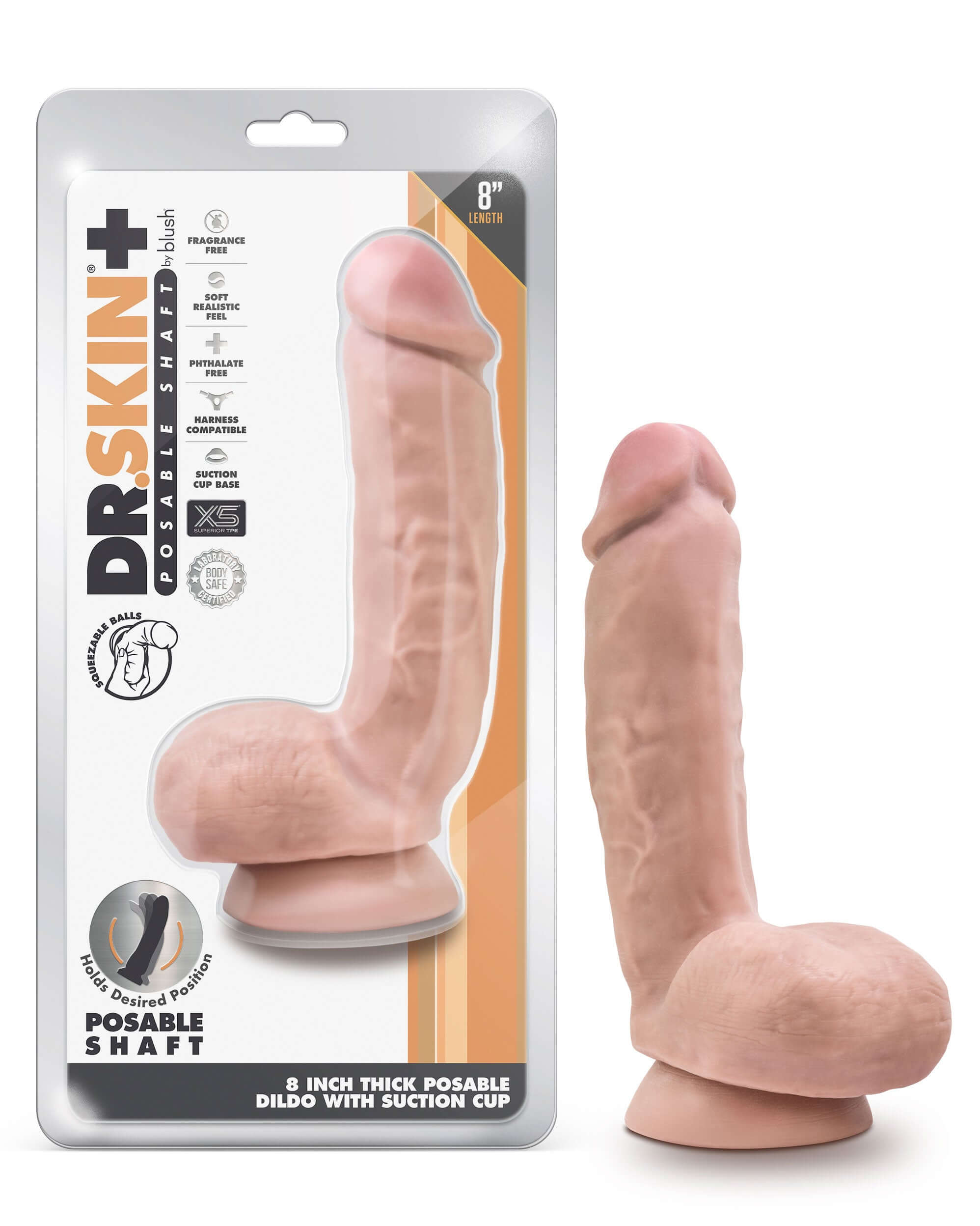 Dr. Skin Plus - 8 Inch Thick Poseable Dildo With Squeezable Balls - Vanilla-5