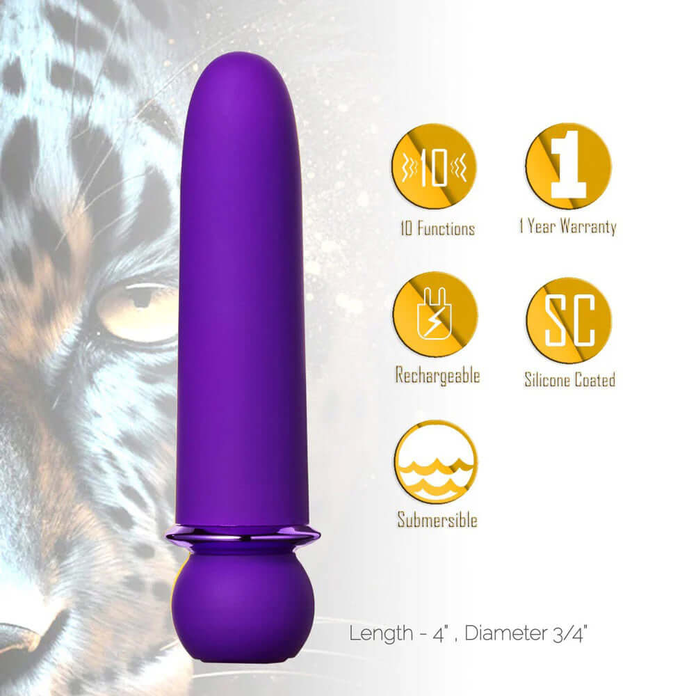 Jaguar Fiercely Powerful - Purple 10-function vibrator silicone-coated, rechargeable, IPX rated submersible Maia Novelties bullet