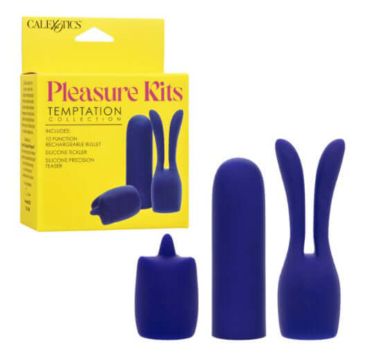 Pleasure Kits Temptation Collection Purple featuring multiple silicone accessories in a vibrant design.