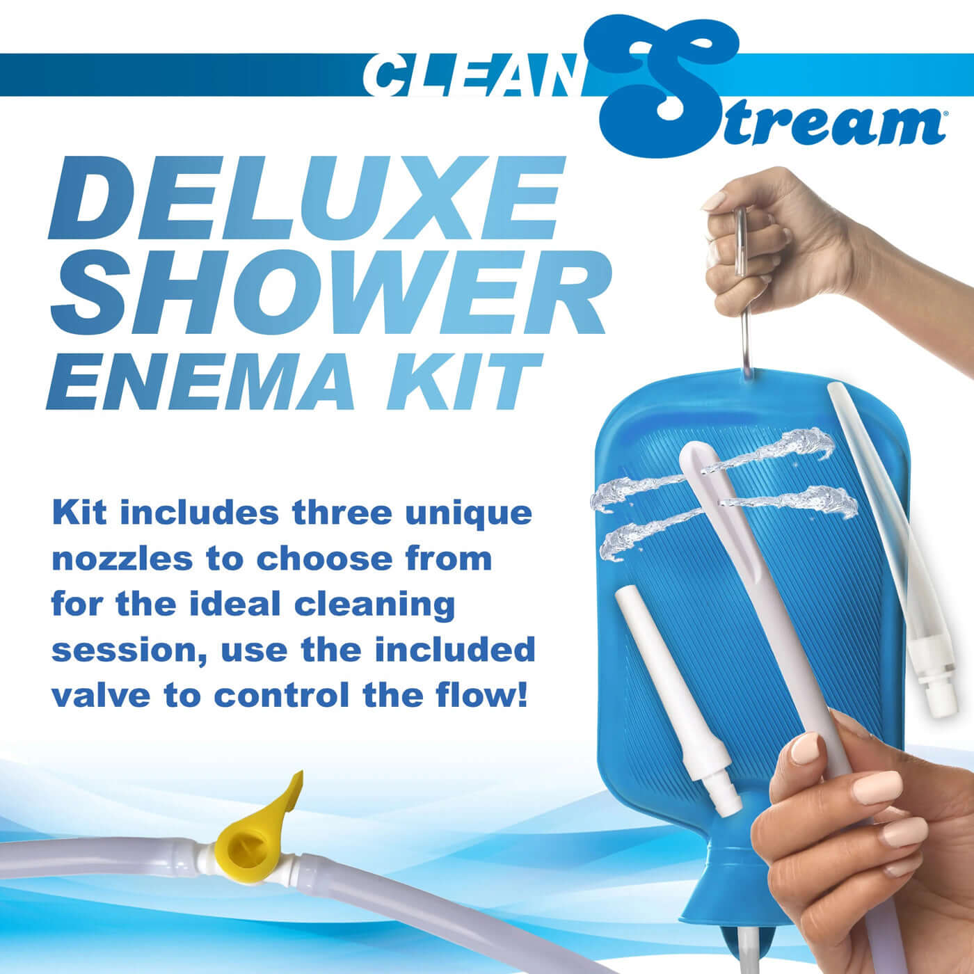 Deluxe Shower Enema Kit with Blue Enema Bag, Flexible Tips, and Flow Valve for Ideal Cleaning Sessions