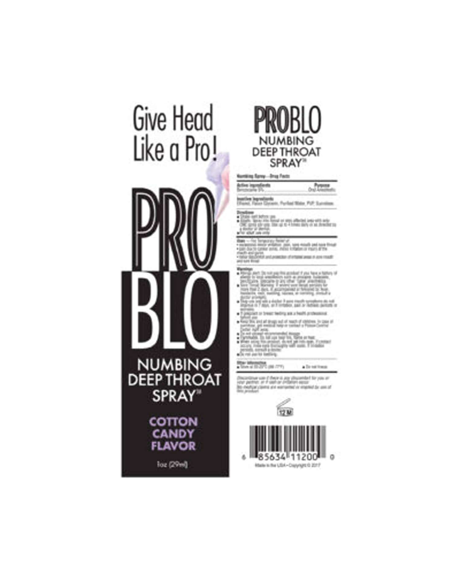 Pro Blo Throat Numbing Spray Cotton Candy 1 Oz packaging label featuring cotton candy flavor description.
