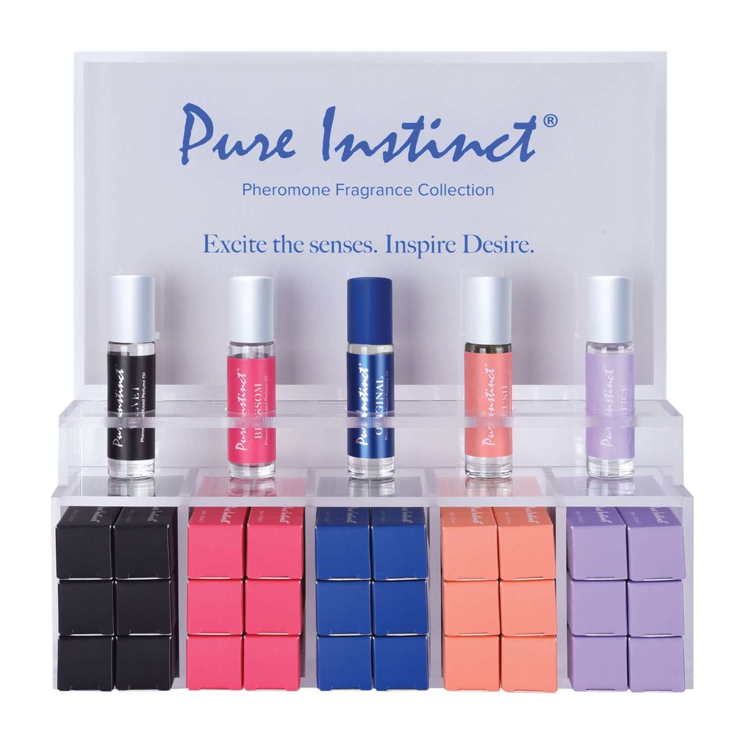 Pure Instinct Pheromone Perfume Oil Roll-On Display with 36 Testers, featuring vibrant acrylic cube packaging for enhanced appeal.